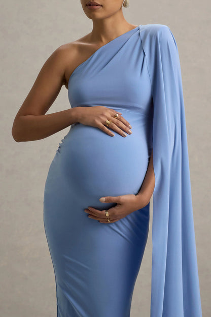 Amaryllis Powder Blue Maternity One Shoulder Maxi Dress with Cape Sleeve