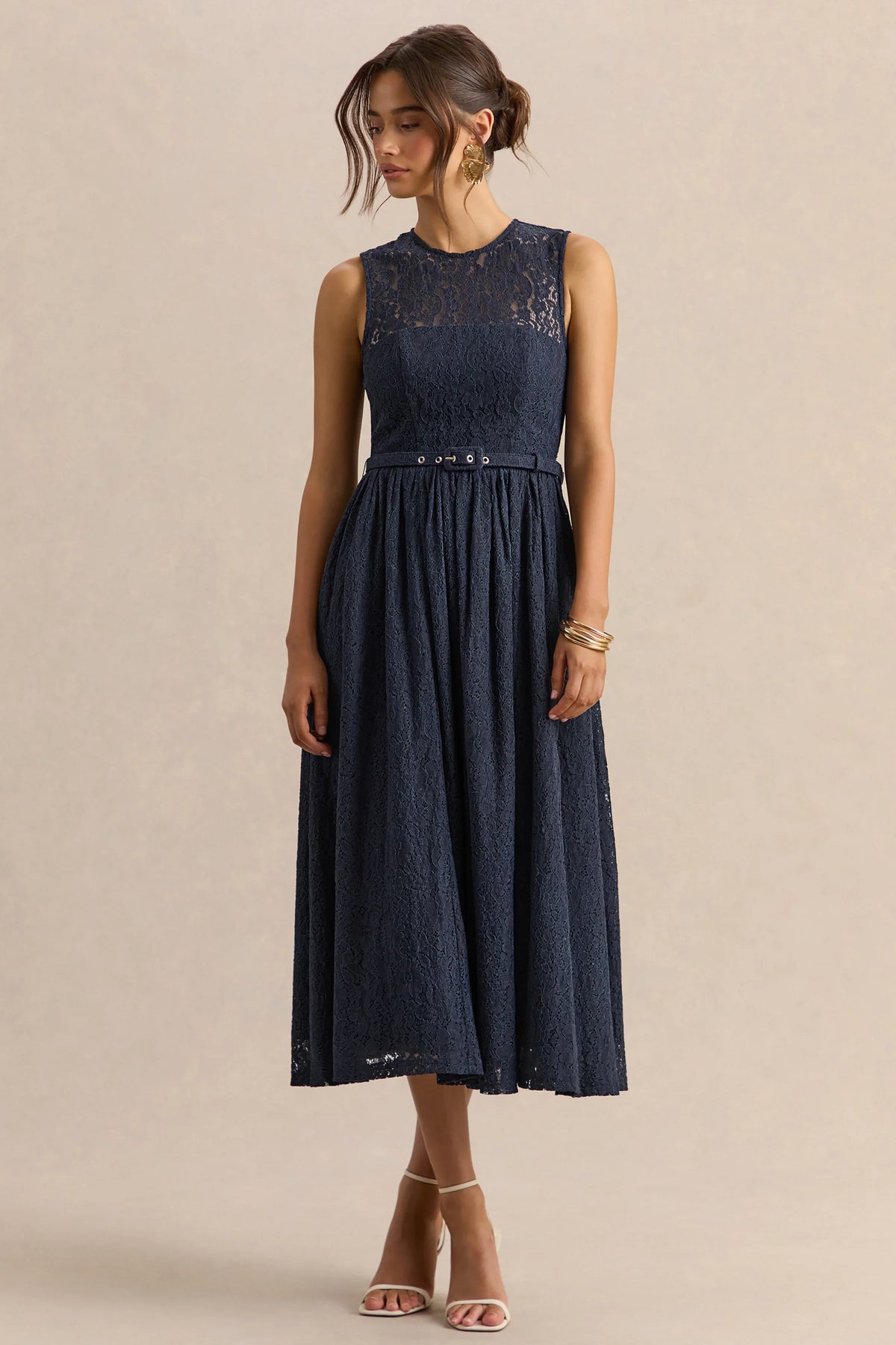 Anabella Navy Lace Crew Neck Belted Midi Dress