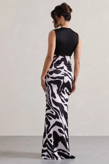 Azzara Zebra Print Satin Ruched V Neck Maxi Dress