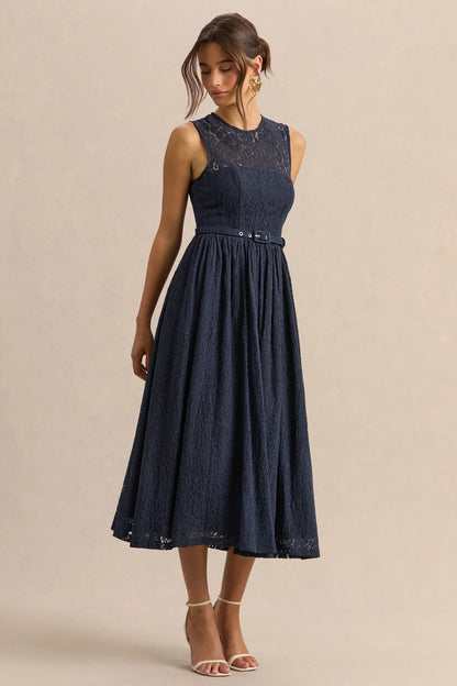 Anabella Navy Lace Crew Neck Belted Midi Dress