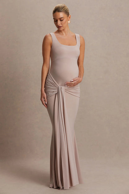 Baylin Nude Square Neck Maternity Maxi Dress With Ruched Detailing And Sash