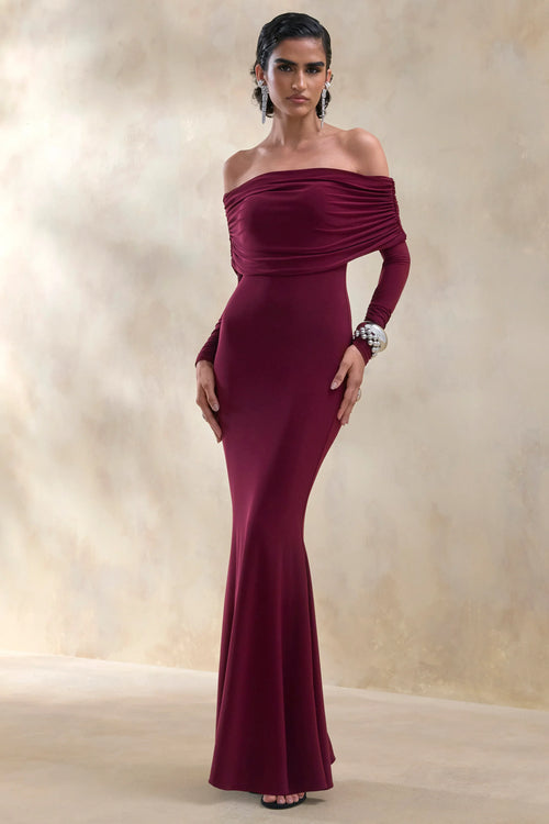 Brisea Burgundy Bardot Neck Maxi Dress