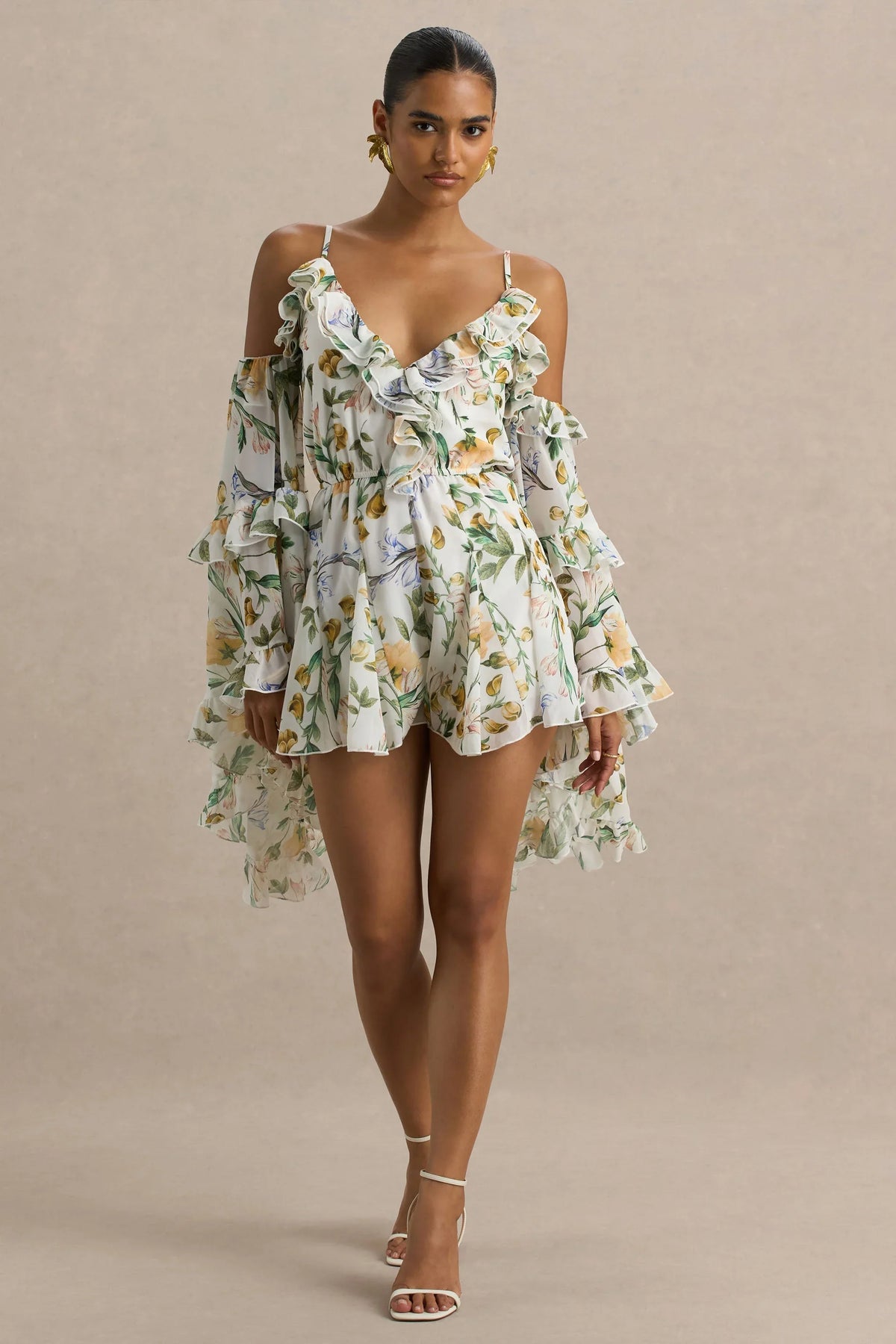 Anaya Lemon Floral Print Chiffon Playsuit With Long Sleeves