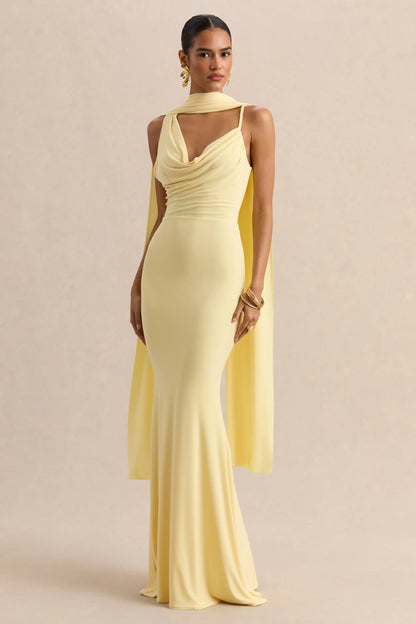 Armelia Lemon Cowl Neck Maxi Dress With Scarf Detail