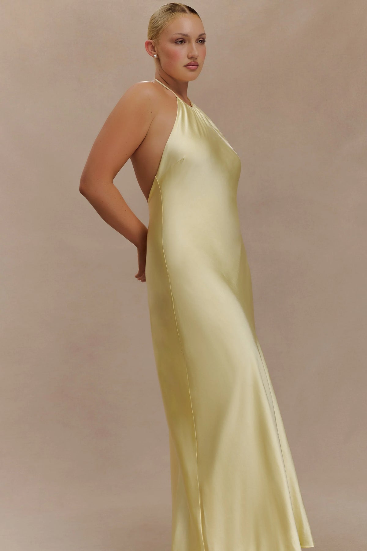 Bella Satin Halter Maxi Dress Lemon