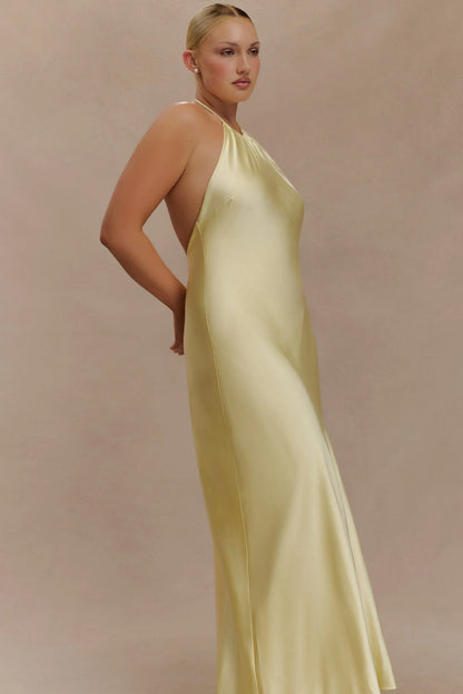 Bella Satin Halter Maxi Dress Lemon