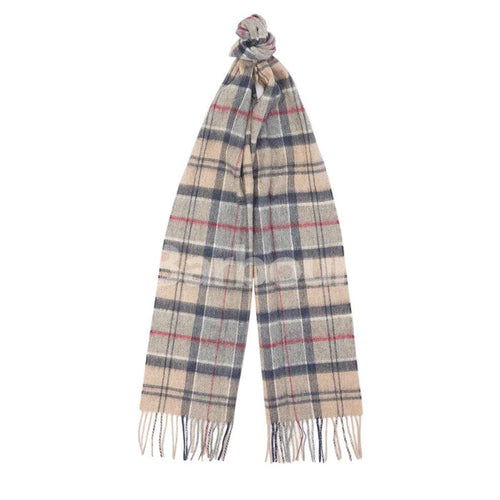 Barbour merino wool and cashmere tartan scarf in beige with navy and red plaid patterns and a fringed hem.