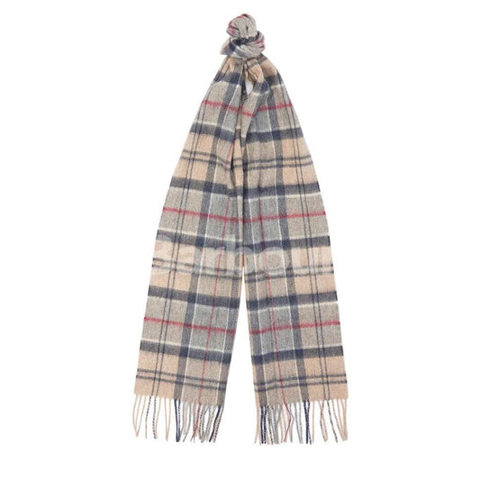 Barbour merino wool and cashmere tartan scarf in beige with navy and red plaid patterns and a fringed hem.
