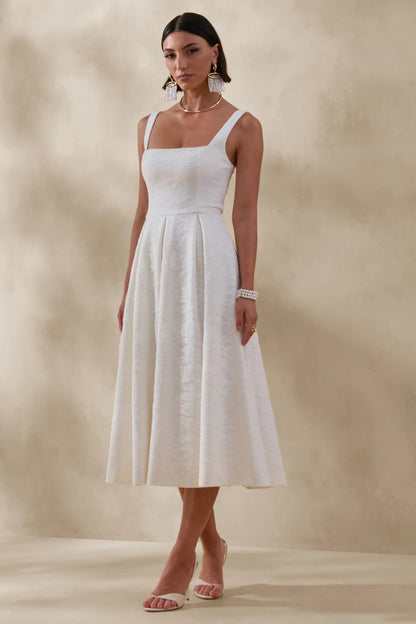 Ashmara White Lace Square Neck Midi Dress