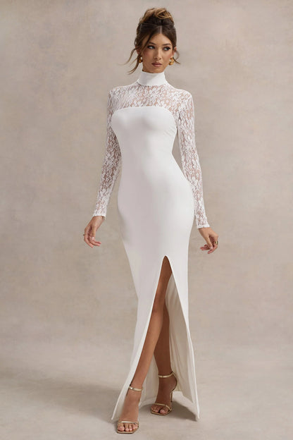 Arden White High Neck Split Maxi Dress With Lace Sleeves