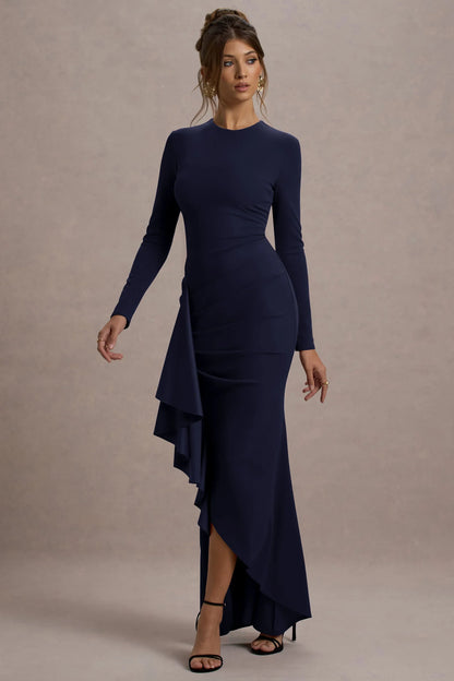 Alayna Navy Long Sleeve Maxi Dress With Ruffled Split