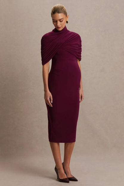 Augustina Burgundy Maternity Midi Dress With Cape