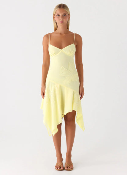 Aysha Beaded Flower Midi Dress Yellow