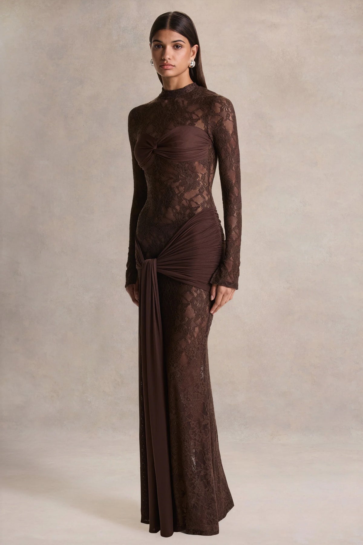 Akira Brown Lace Maxi Dress With Sash Detail