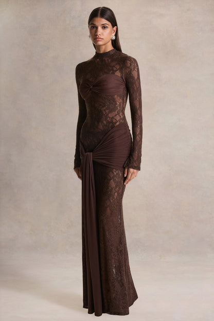 Akira Brown Lace Maxi Dress With Sash Detail