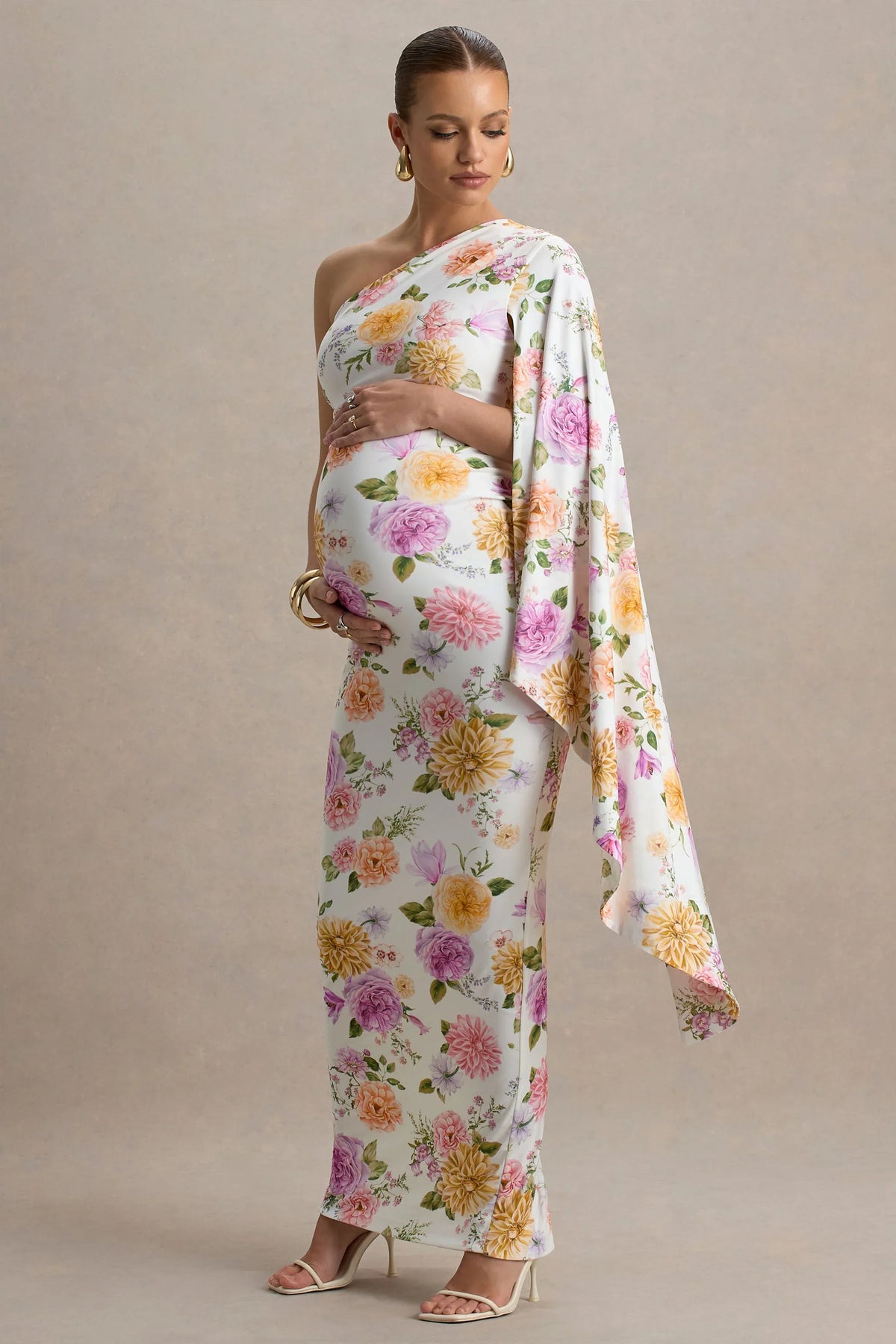 Aliana Peach And Lilac Floral Print Asymmetric Maternity Maxi Dress With Ruched Detailing