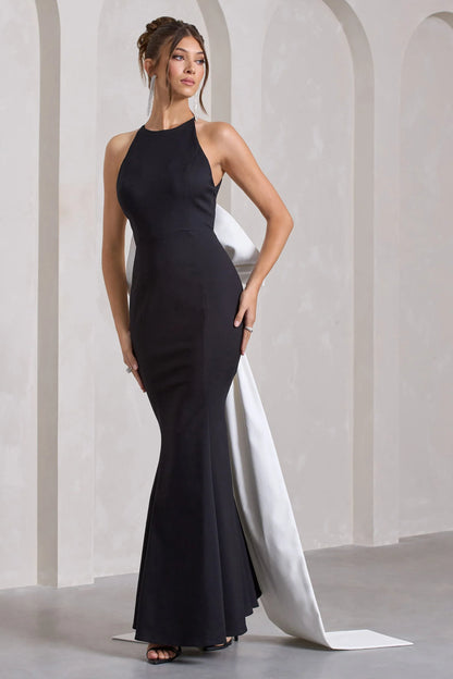 Bestow Black Open Back Maxi Dress With Oversized White Bow