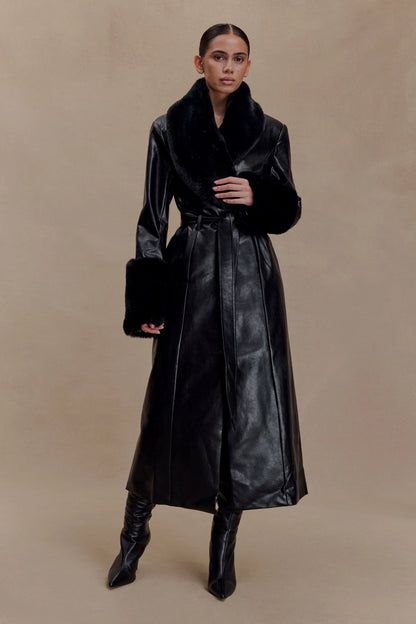 Bec Faux Leather Trench Coat With Faux Fur Black