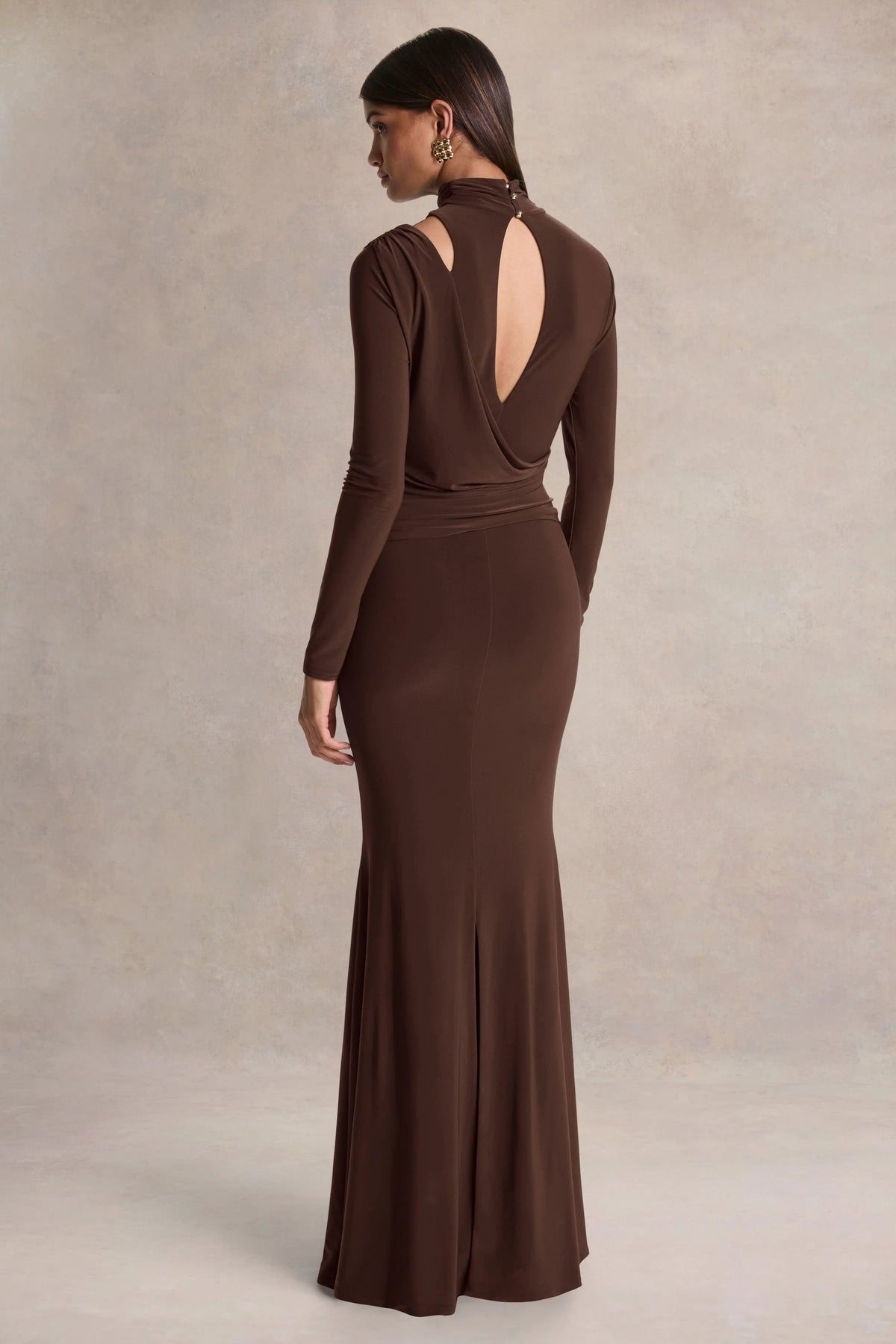 Alastrina Brown High Neck Maxi Dress With Gathered Detailing