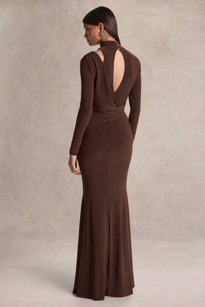 Alastrina Brown High Neck Maxi Dress With Gathered Detailing
