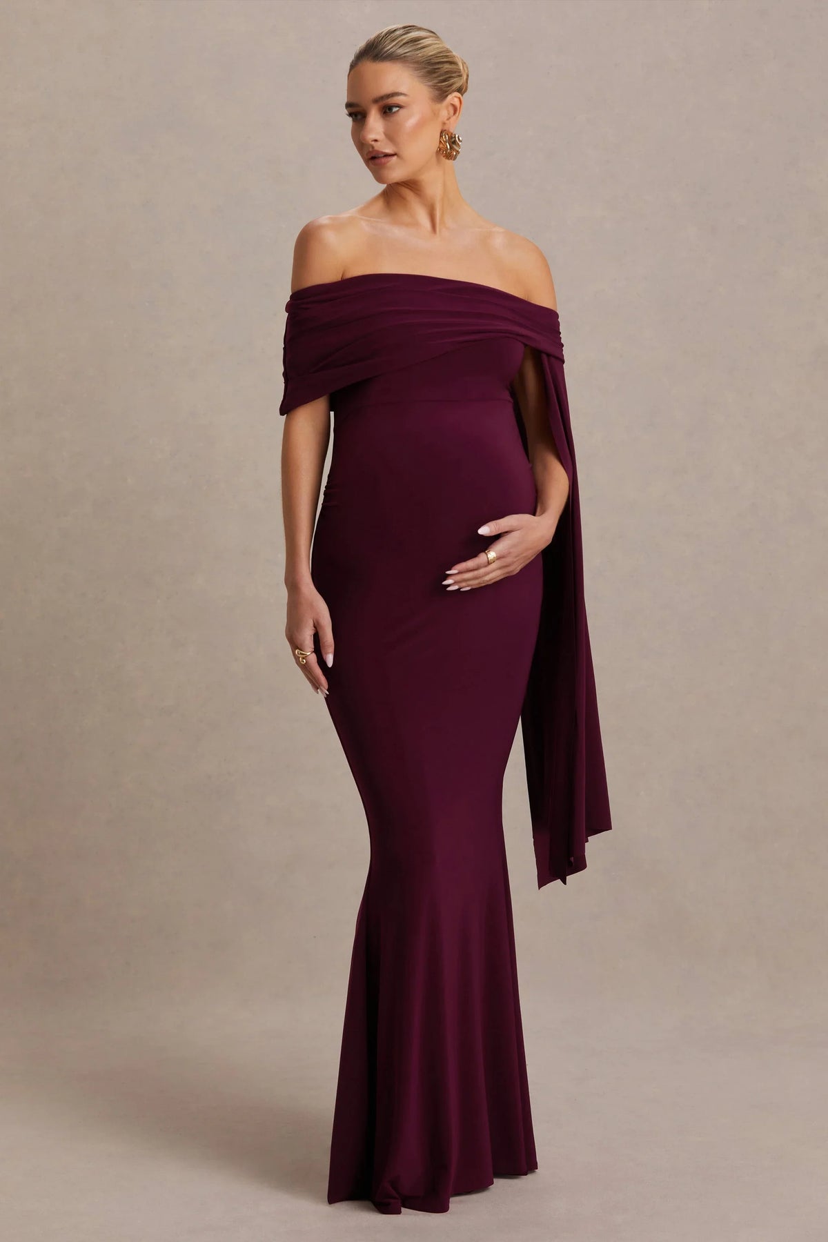 Aquila Burgundy Bardot Maternity Maxi Dress With Draped Detail