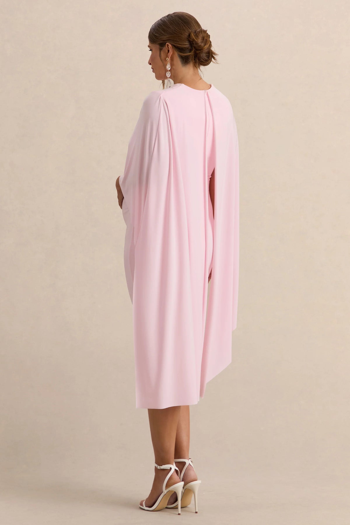 Arwen Light Pink Round Neck Maternity Midi Dress With Cape Detail