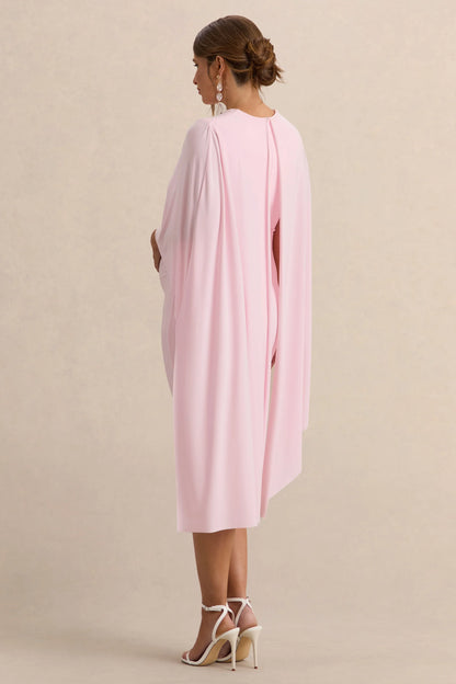 Arwen Light Pink Round Neck Maternity Midi Dress With Cape Detail