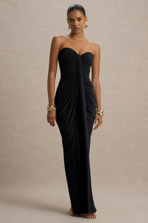 Ali Black Sweetheart Ruched Wrap Maxi Dress