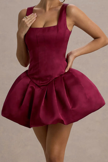 Bramble Port Satin Square Neck Puffball Mini Dress