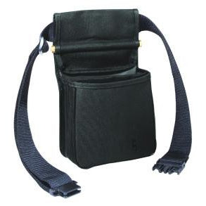 Black nylon divided shell pouch with two compartments and an adjustable 2-inch web belt for shooting sports.