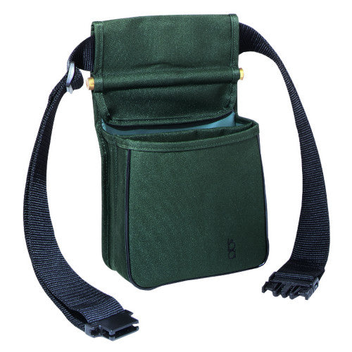 Green nylon divided shell pouch with an adjustable black web belt and quick-release buckle for shooting sports.