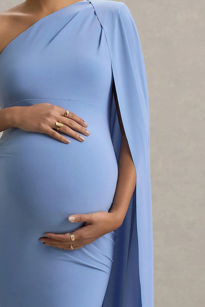 Amaryllis Powder Blue Maternity One Shoulder Maxi Dress with Cape Sleeve