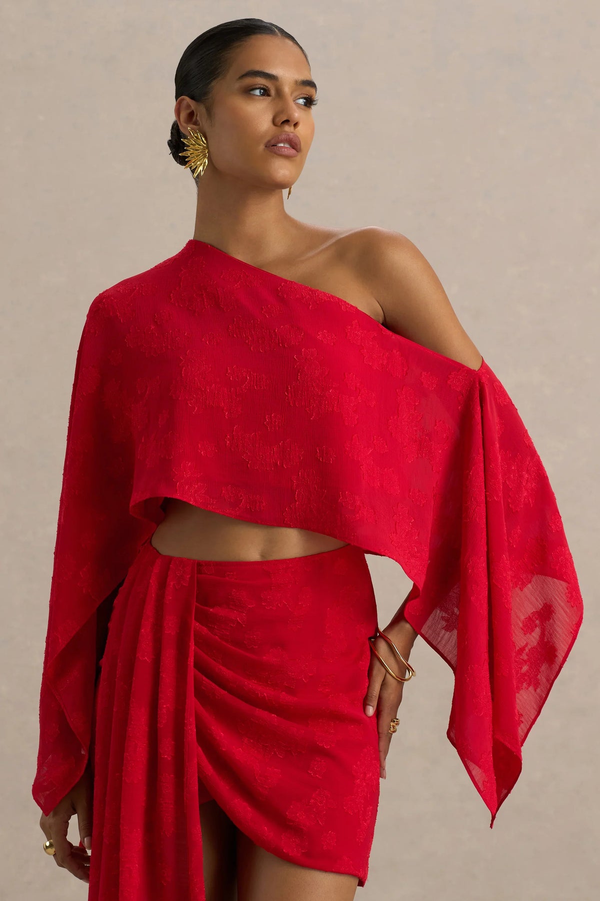 Aruba Red Satin Devore Asymmetric Long Sleeve Crop Top