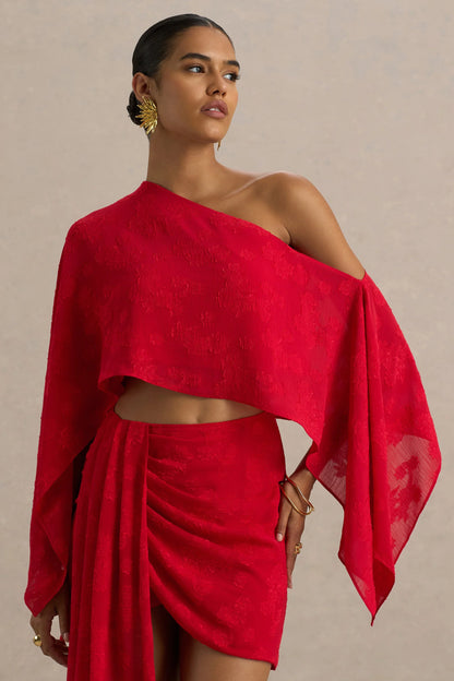 Aruba Red Satin Devore Asymmetric Long Sleeve Crop Top