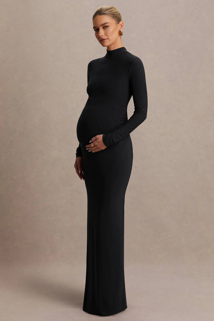 Alejandra Black Maternity Long Sleeve High Neck Maxi Dress