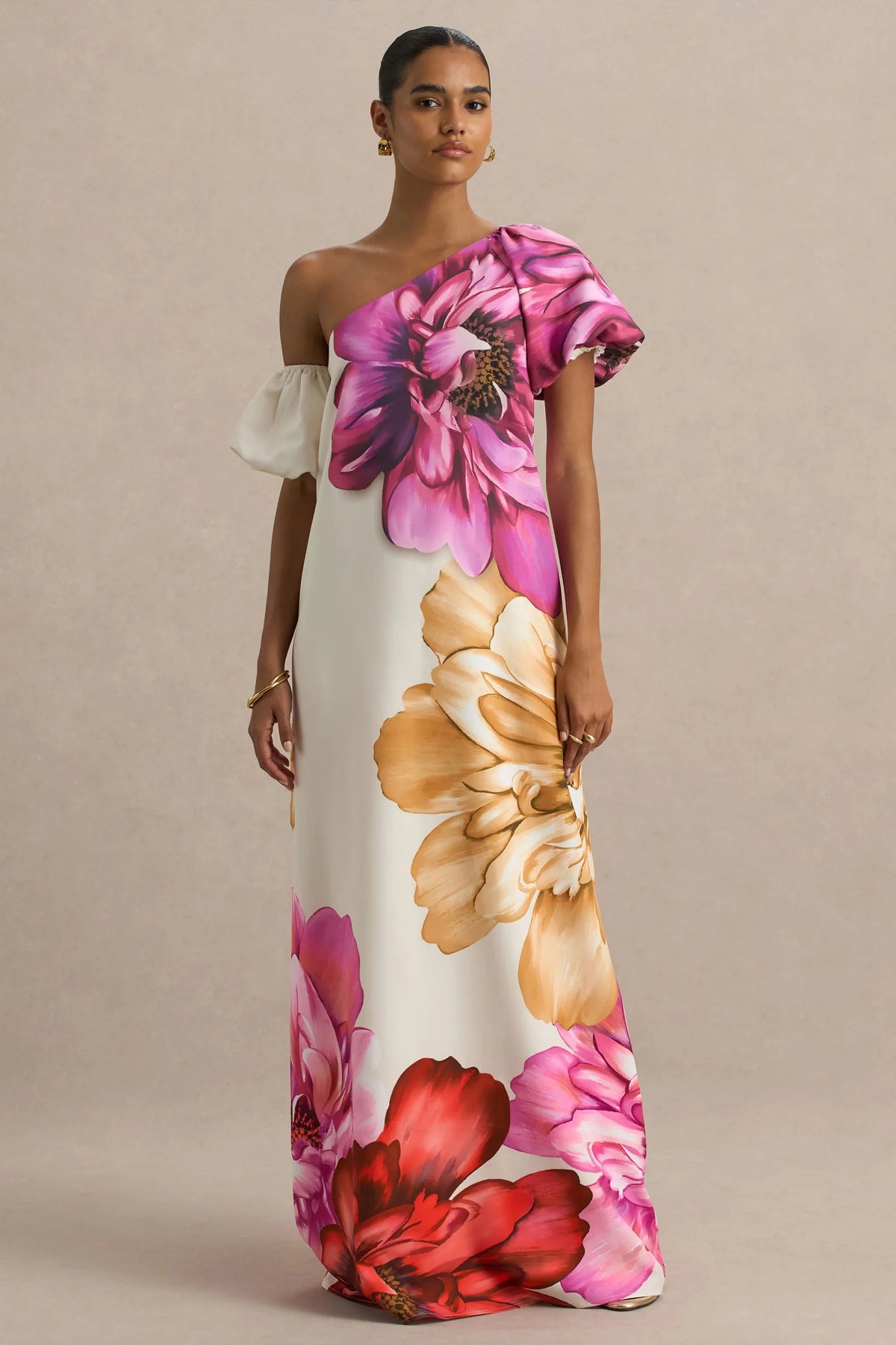 Anastasia Large Multi Floral Print Asymmetric Neck Maxi Dress
