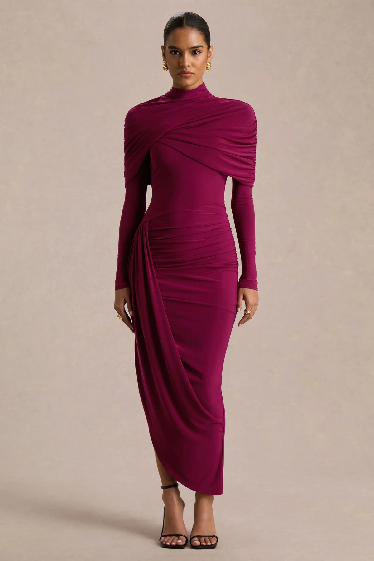 Aneira Burgundy High Neck Maxi Dress With Cape Sleeves