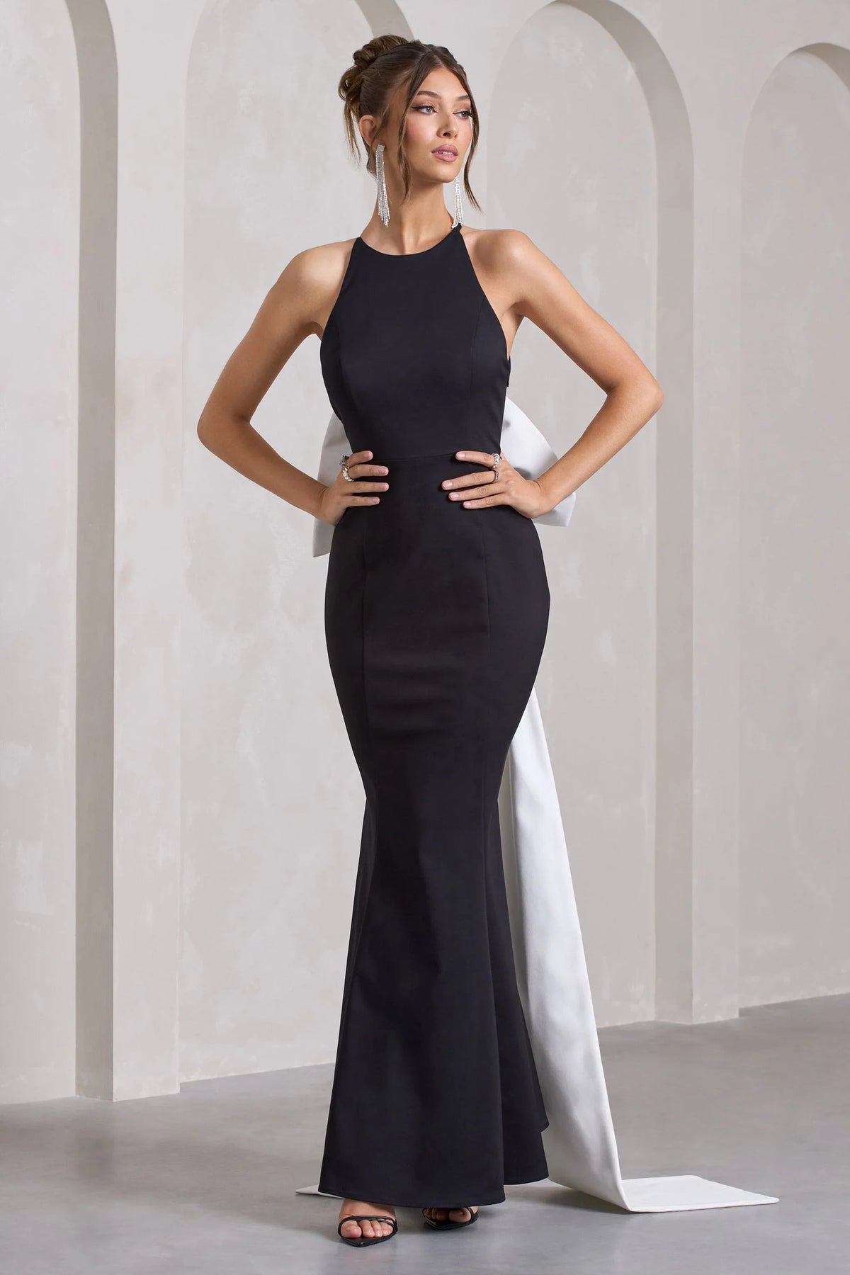 Bestow Black Open Back Maxi Dress With Oversized White Bow