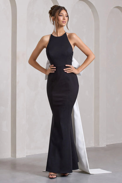 Bestow Black Open Back Maxi Dress With Oversized White Bow