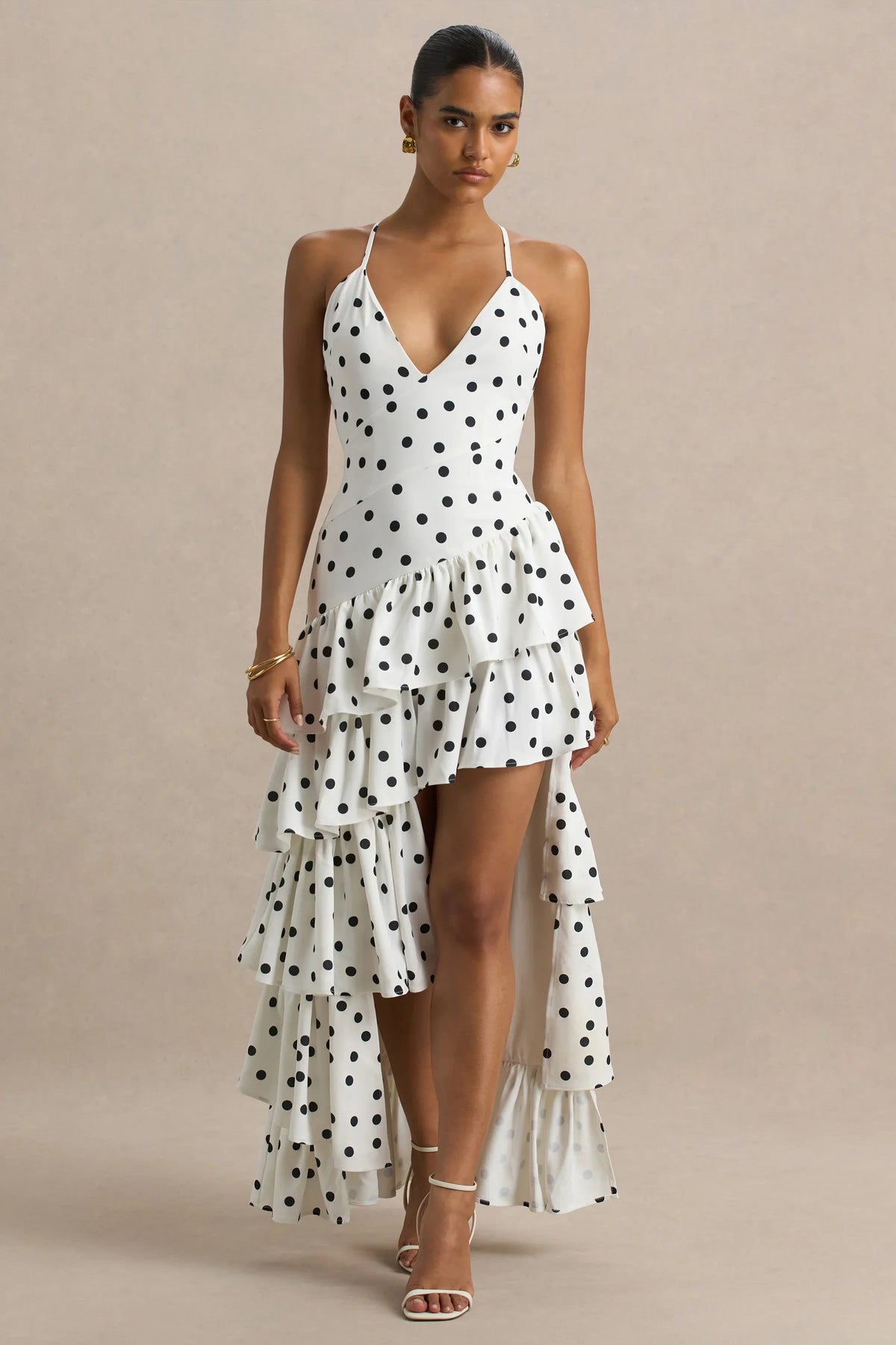 Bogota Polka Dot Plunge Neck Maxi Dress With Ruffling Details And Front High Split