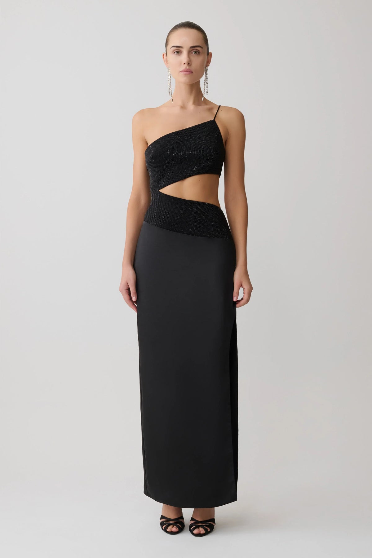 Athena One Shoulder Diamante Maxi Dress Black