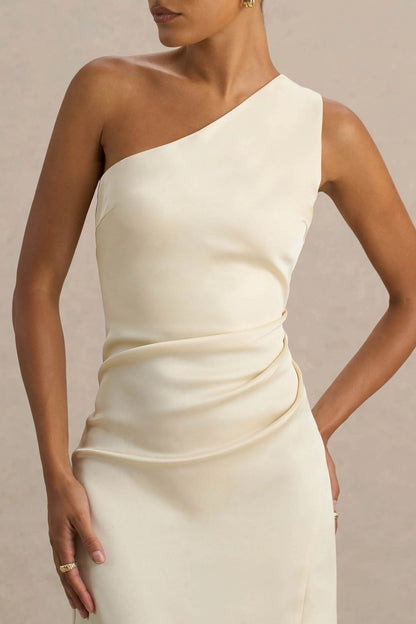 Beth Pale Lemon Asymmetric Neckline High Split Maxi Dress