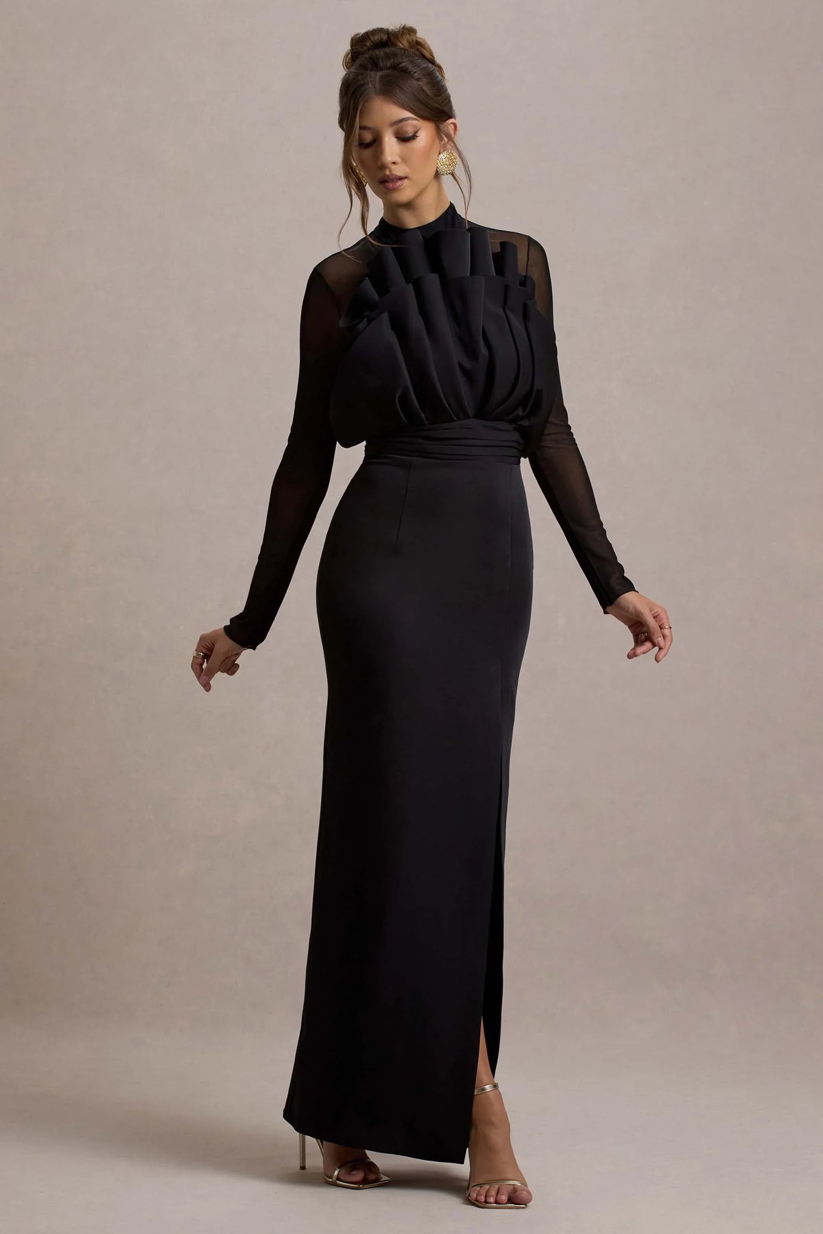 Alder Black Mesh Long Sleeve Ruffled Split Maxi Dress