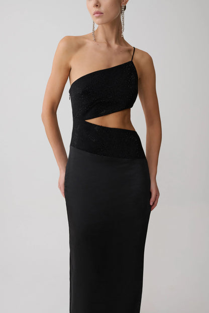 Athena One Shoulder Diamante Maxi Dress Black