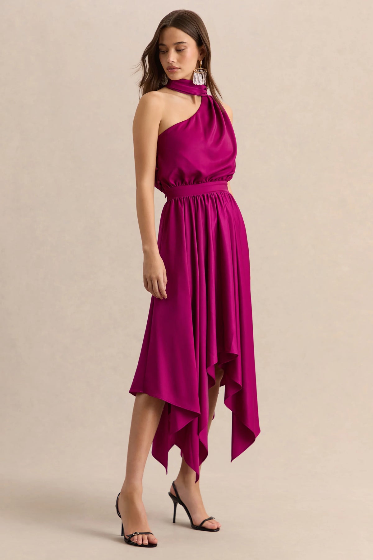 Caluna Hot Pink Satin Asymmetric Neck Midi Dress With Scarf Detail