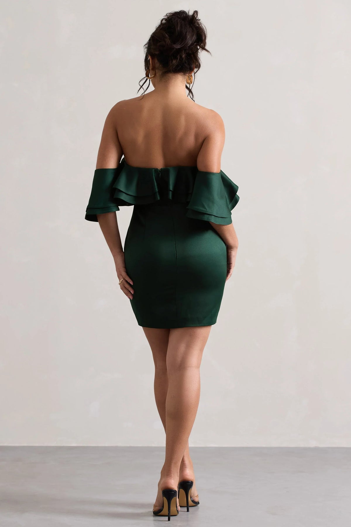 Aspen Bottle Green Bardot Mini Dress With Ruffles