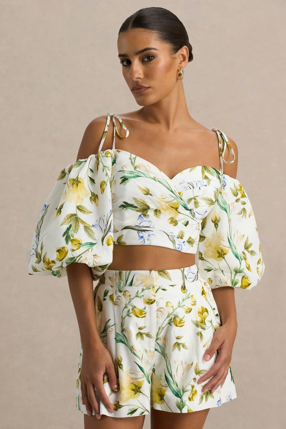 Amberly Lemon Floral Print Plunge Neck Ruffled Crop Top