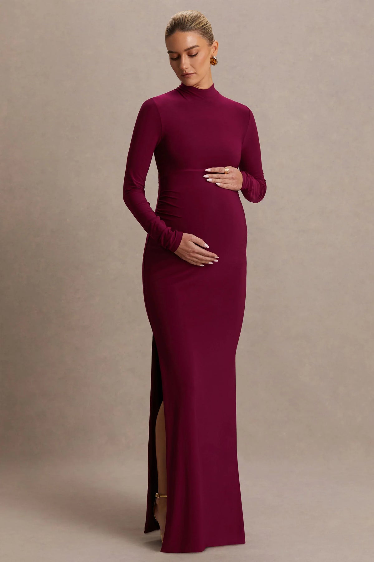 Alejandra Burgundy Maternity Long Sleeve High Neck Maxi Dress