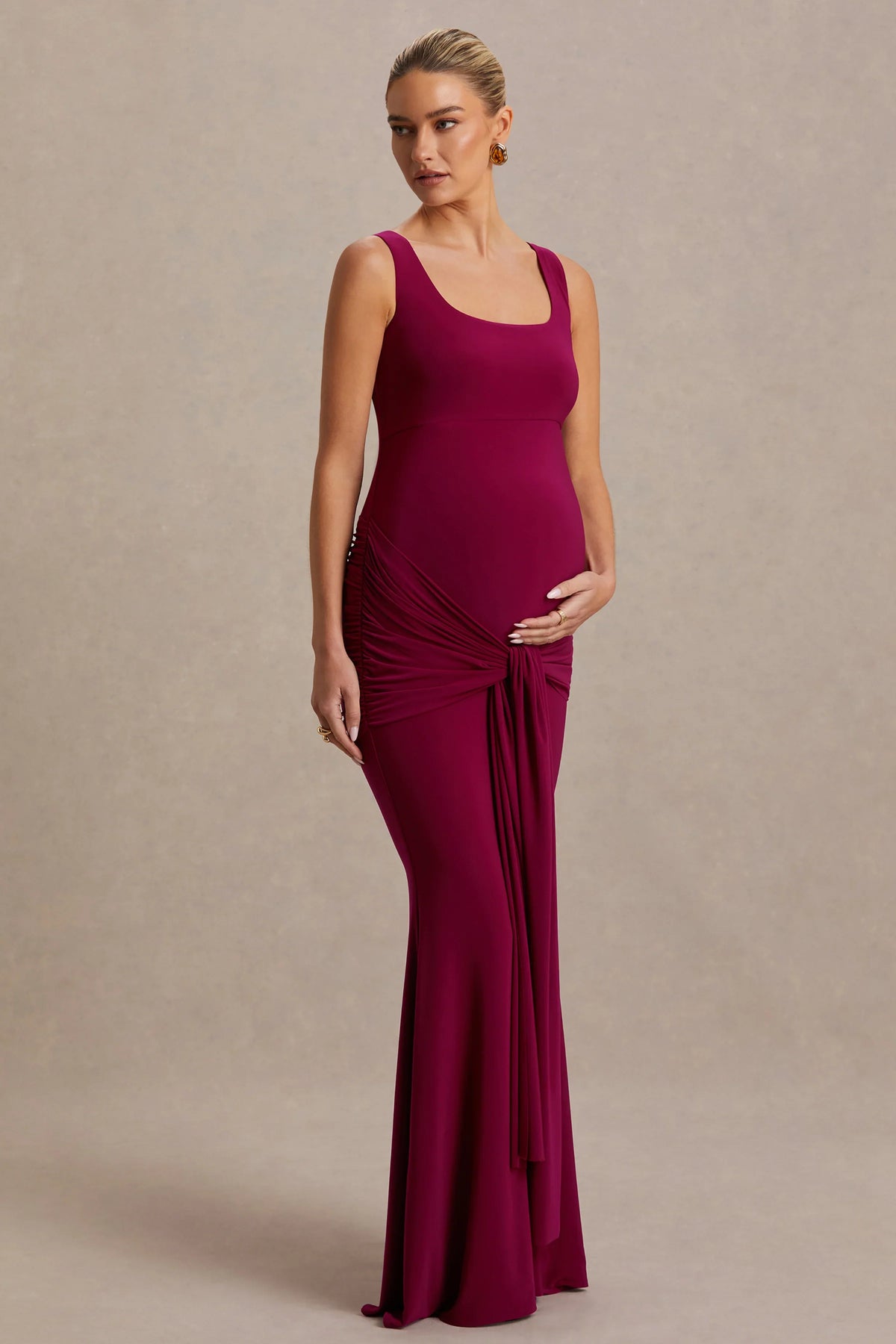 Baylin Burgundy Square Neck Maternity Maxi Dress With Ruched Detailing And Sash