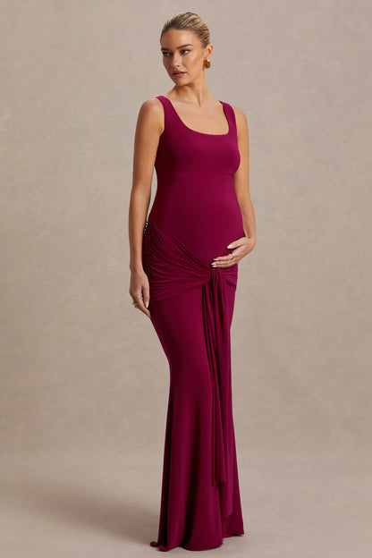 Baylin Burgundy Square Neck Maternity Maxi Dress With Ruched Detailing And Sash